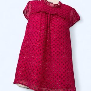 Pink and black polka dot blouse w ruffle neckline, Carolina Belle M